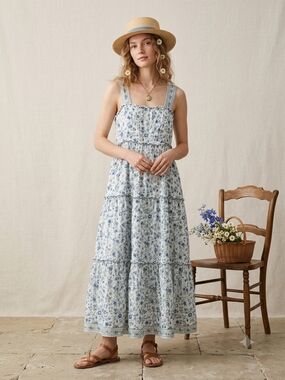 Max Studio 100% Cotton Floral Boho Cottagecore Tiered Midi/Maxi Dress - Size M